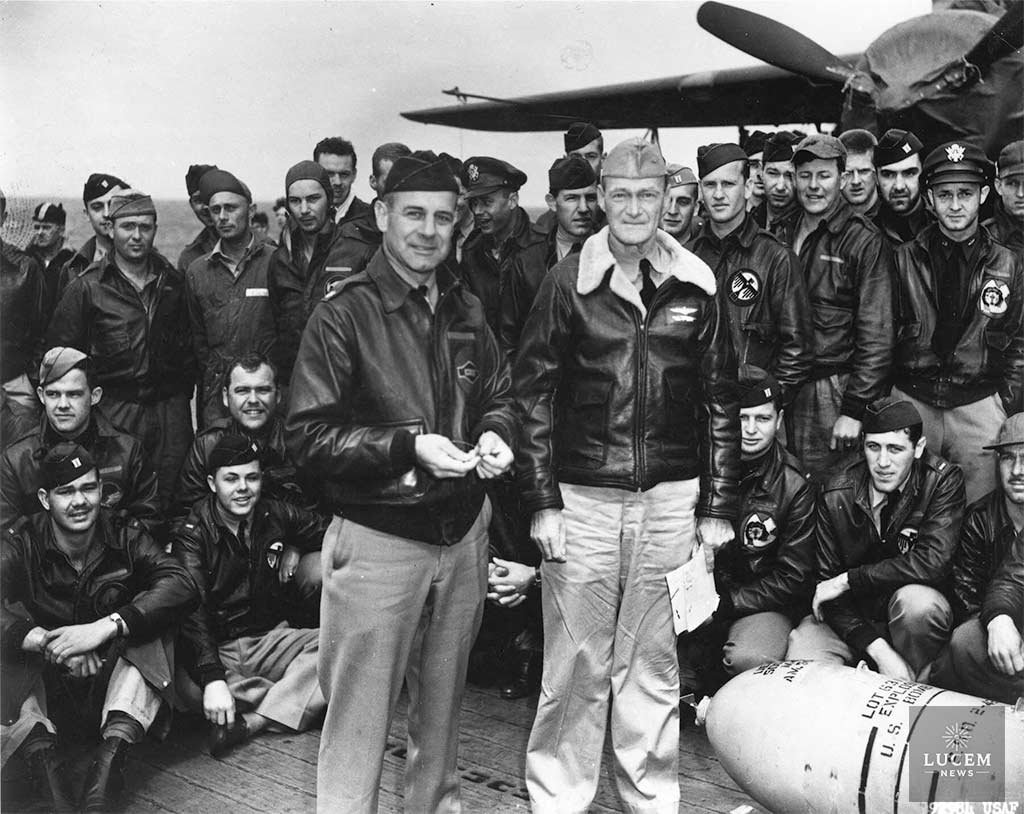 Army Air Corps Lt. Col. James H. "Jimmy" Doolittle, left, with the skipper of the USS Hornet, Capt. Marc A. Mitscher.
